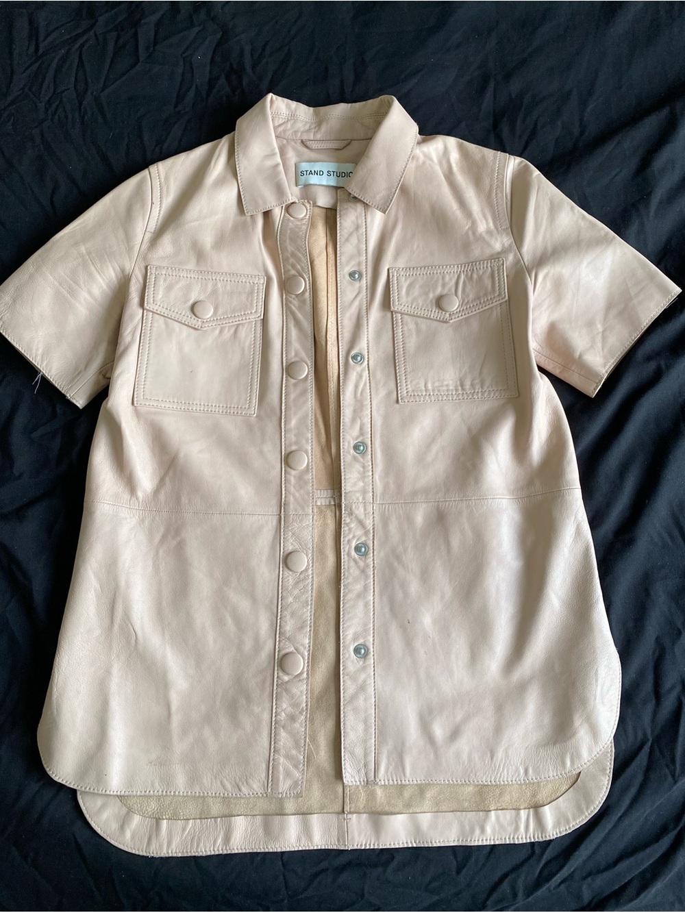 Stand Studio Blush Pink Leather Short-Sleeve Jacket